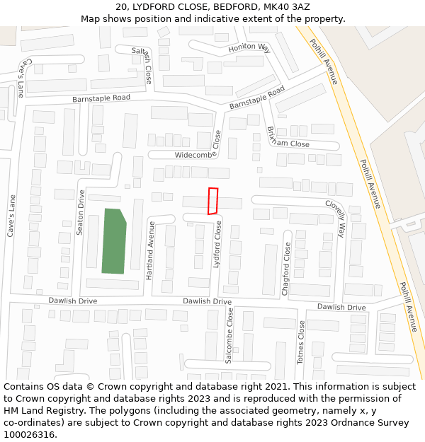 20, LYDFORD CLOSE, BEDFORD, MK40 3AZ: Location map and indicative extent of plot