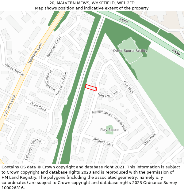 20, MALVERN MEWS, WAKEFIELD, WF1 2FD: Location map and indicative extent of plot