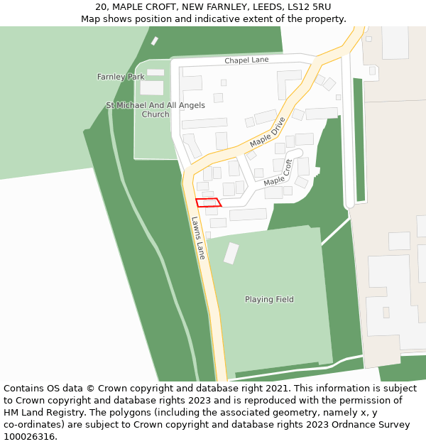 20, MAPLE CROFT, NEW FARNLEY, LEEDS, LS12 5RU: Location map and indicative extent of plot