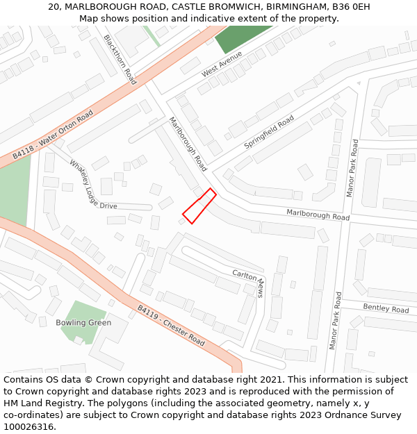 20, MARLBOROUGH ROAD, CASTLE BROMWICH, BIRMINGHAM, B36 0EH: Location map and indicative extent of plot