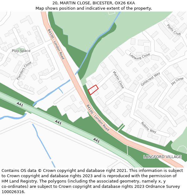 20, MARTIN CLOSE, BICESTER, OX26 6XA: Location map and indicative extent of plot