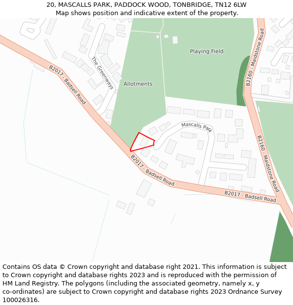 20, MASCALLS PARK, PADDOCK WOOD, TONBRIDGE, TN12 6LW: Location map and indicative extent of plot