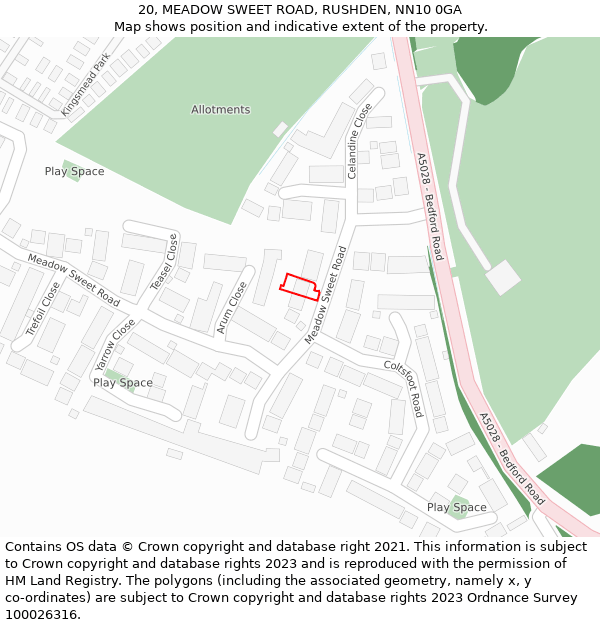 20, MEADOW SWEET ROAD, RUSHDEN, NN10 0GA: Location map and indicative extent of plot