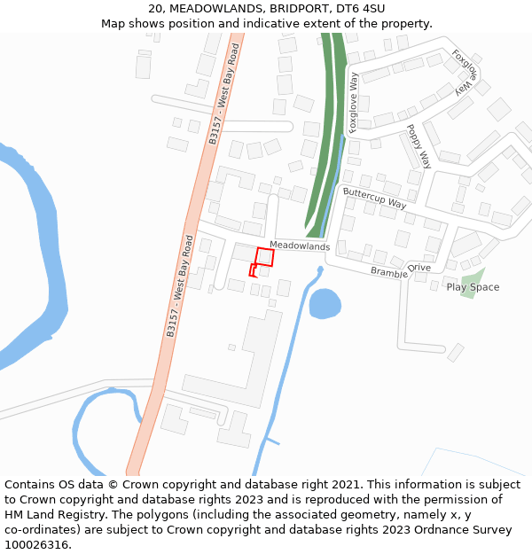 20, MEADOWLANDS, BRIDPORT, DT6 4SU: Location map and indicative extent of plot