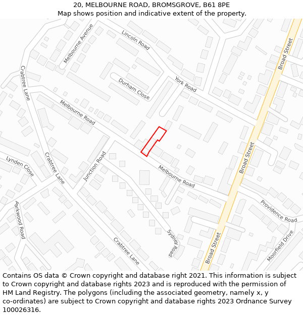 20, MELBOURNE ROAD, BROMSGROVE, B61 8PE: Location map and indicative extent of plot