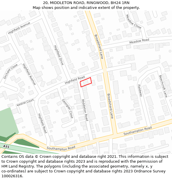 20, MIDDLETON ROAD, RINGWOOD, BH24 1RN: Location map and indicative extent of plot