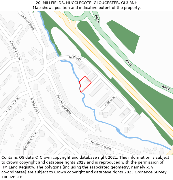 20, MILLFIELDS, HUCCLECOTE, GLOUCESTER, GL3 3NH: Location map and indicative extent of plot