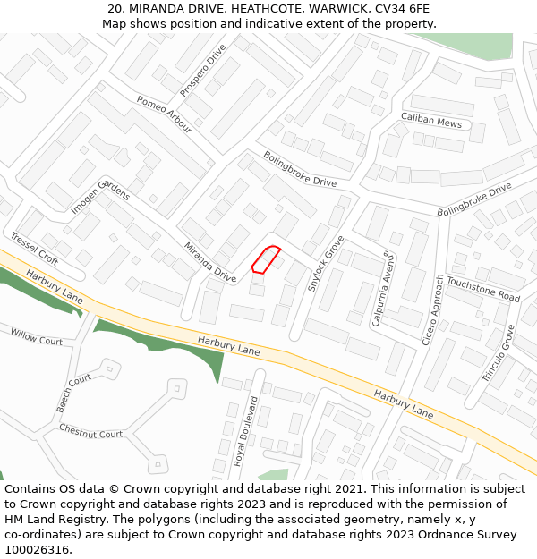 20, MIRANDA DRIVE, HEATHCOTE, WARWICK, CV34 6FE: Location map and indicative extent of plot