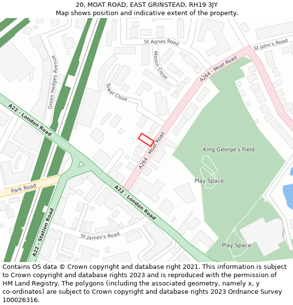 20, MOAT ROAD, EAST GRINSTEAD, RH19 3JY: Location map and indicative extent of plot