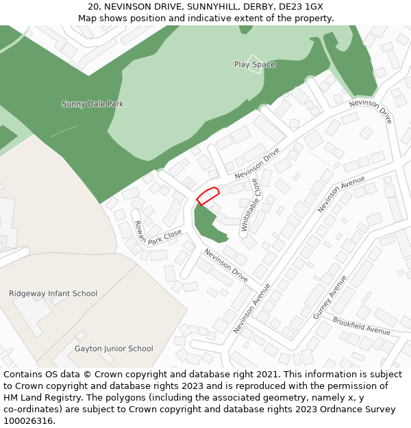 20, NEVINSON DRIVE, SUNNYHILL, DERBY, DE23 1GX: Location map and indicative extent of plot