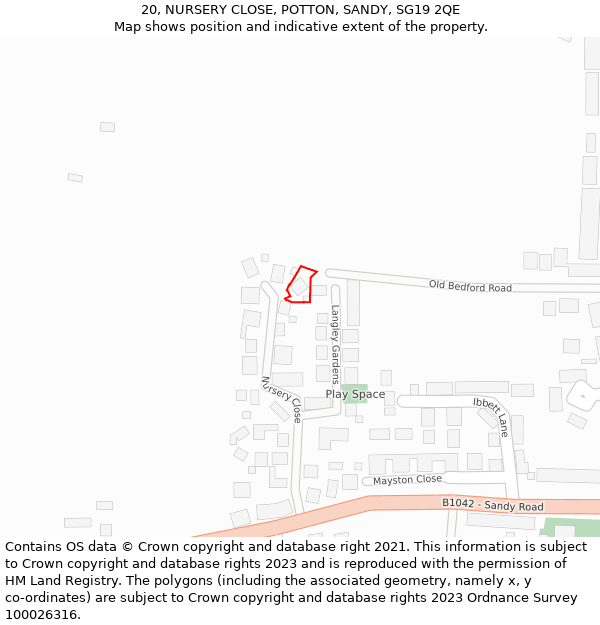 20, NURSERY CLOSE, POTTON, SANDY, SG19 2QE: Location map and indicative extent of plot