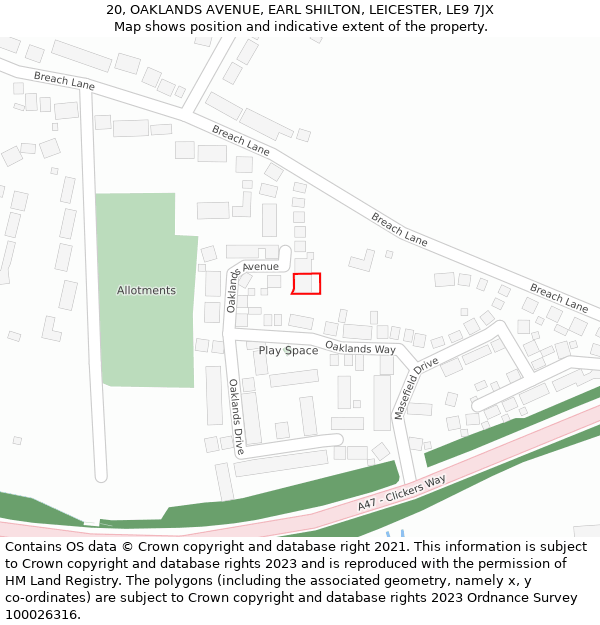 20, OAKLANDS AVENUE, EARL SHILTON, LEICESTER, LE9 7JX: Location map and indicative extent of plot