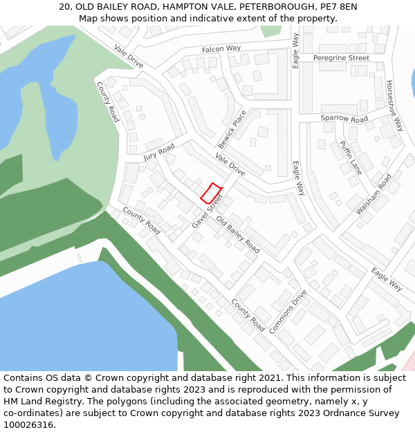 20, OLD BAILEY ROAD, HAMPTON VALE, PETERBOROUGH, PE7 8EN: Location map and indicative extent of plot