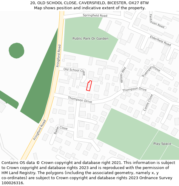 20, OLD SCHOOL CLOSE, CAVERSFIELD, BICESTER, OX27 8TW: Location map and indicative extent of plot