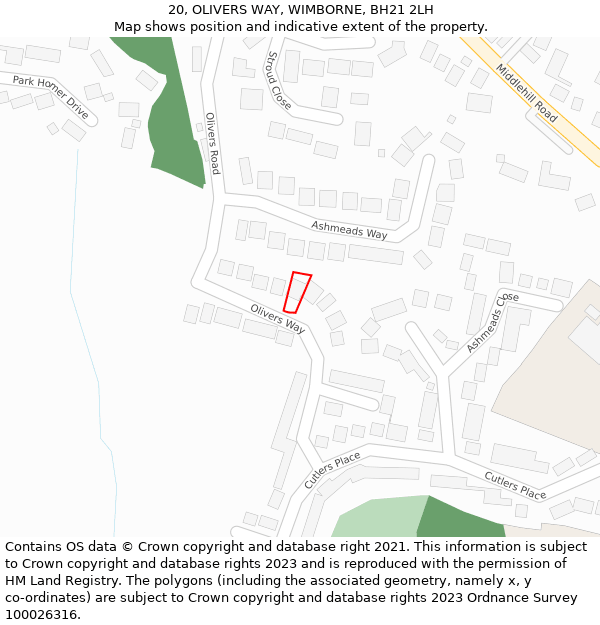 20, OLIVERS WAY, WIMBORNE, BH21 2LH: Location map and indicative extent of plot