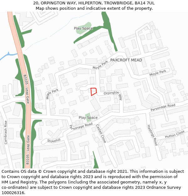 20, ORPINGTON WAY, HILPERTON, TROWBRIDGE, BA14 7UL: Location map and indicative extent of plot