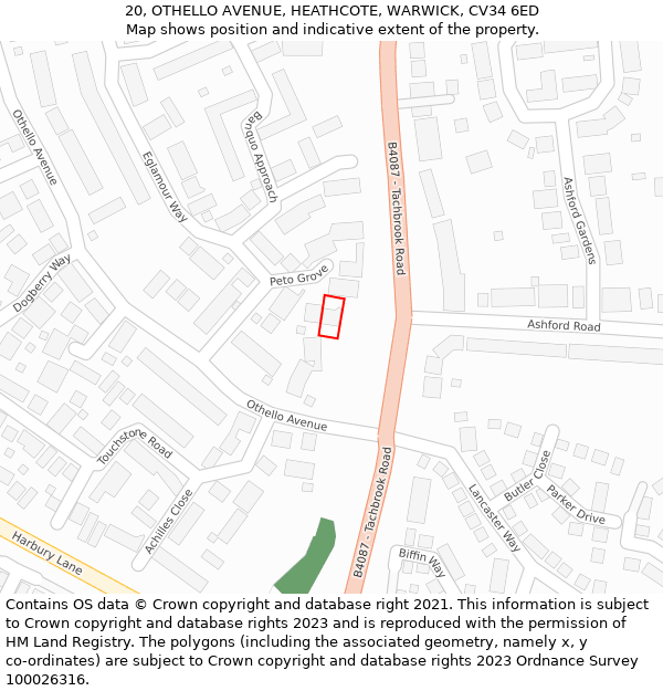 20, OTHELLO AVENUE, HEATHCOTE, WARWICK, CV34 6ED: Location map and indicative extent of plot