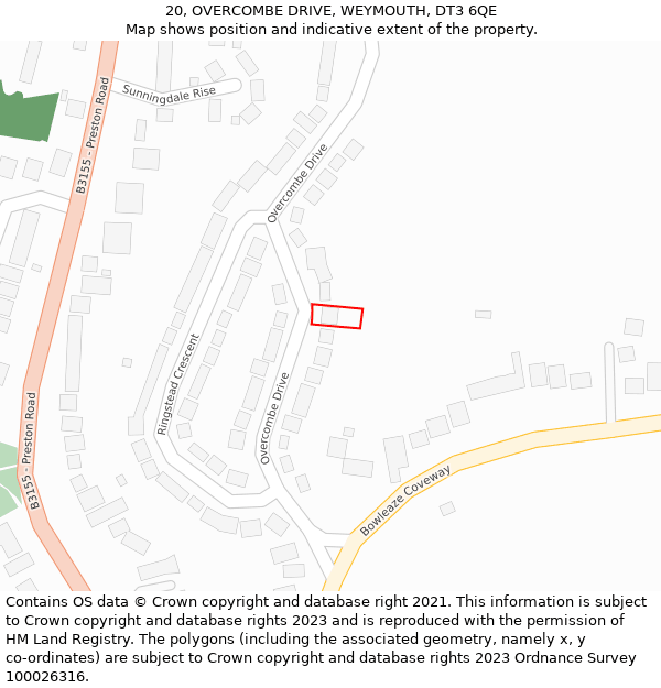 20, OVERCOMBE DRIVE, WEYMOUTH, DT3 6QE: Location map and indicative extent of plot