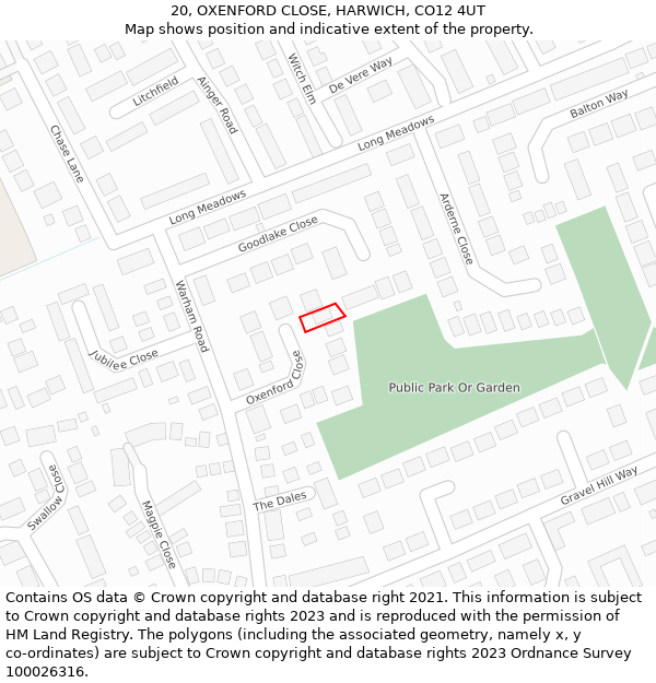 20, OXENFORD CLOSE, HARWICH, CO12 4UT: Location map and indicative extent of plot