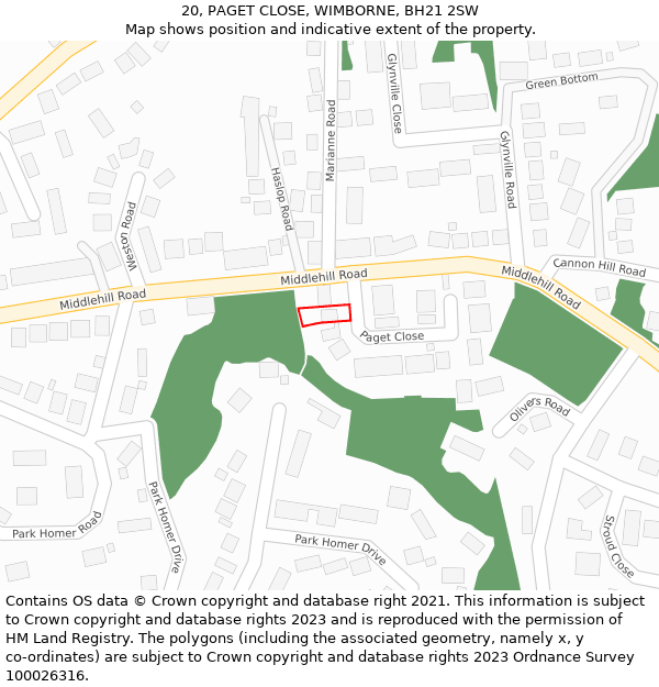 20, PAGET CLOSE, WIMBORNE, BH21 2SW: Location map and indicative extent of plot