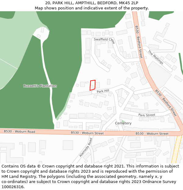 20, PARK HILL, AMPTHILL, BEDFORD, MK45 2LP: Location map and indicative extent of plot