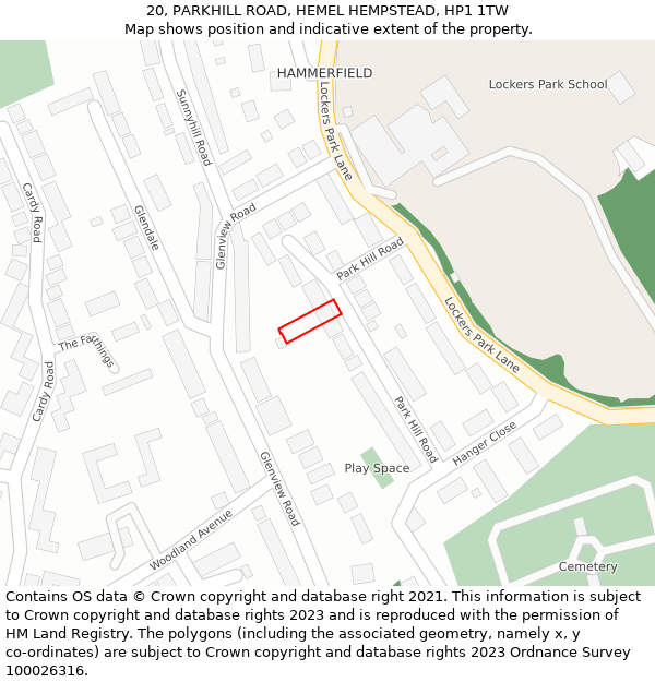 20, PARKHILL ROAD, HEMEL HEMPSTEAD, HP1 1TW: Location map and indicative extent of plot