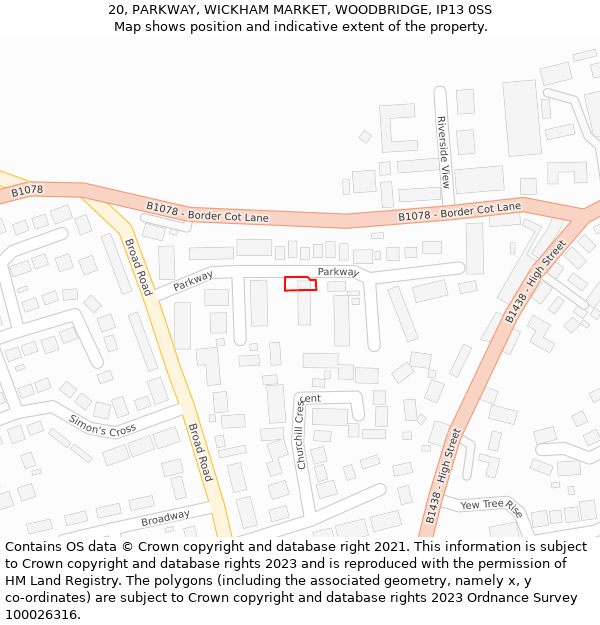 20, PARKWAY, WICKHAM MARKET, WOODBRIDGE, IP13 0SS: Location map and indicative extent of plot