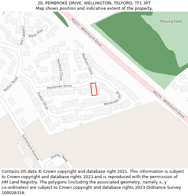 20, PEMBROKE DRIVE, WELLINGTON, TELFORD, TF1 3PT: Location map and indicative extent of plot