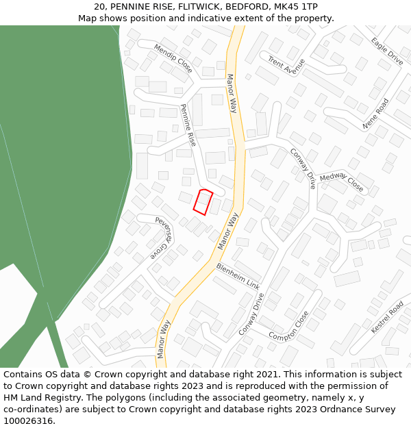 20, PENNINE RISE, FLITWICK, BEDFORD, MK45 1TP: Location map and indicative extent of plot