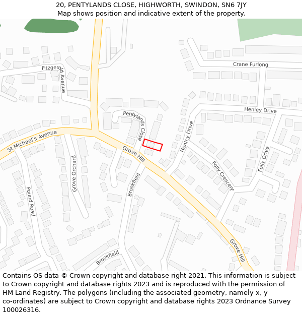 20, PENTYLANDS CLOSE, HIGHWORTH, SWINDON, SN6 7JY: Location map and indicative extent of plot