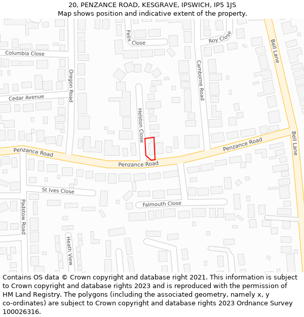 20, PENZANCE ROAD, KESGRAVE, IPSWICH, IP5 1JS: Location map and indicative extent of plot