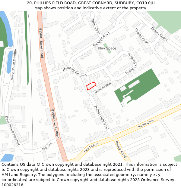 20, PHILLIPS FIELD ROAD, GREAT CORNARD, SUDBURY, CO10 0JH: Location map and indicative extent of plot