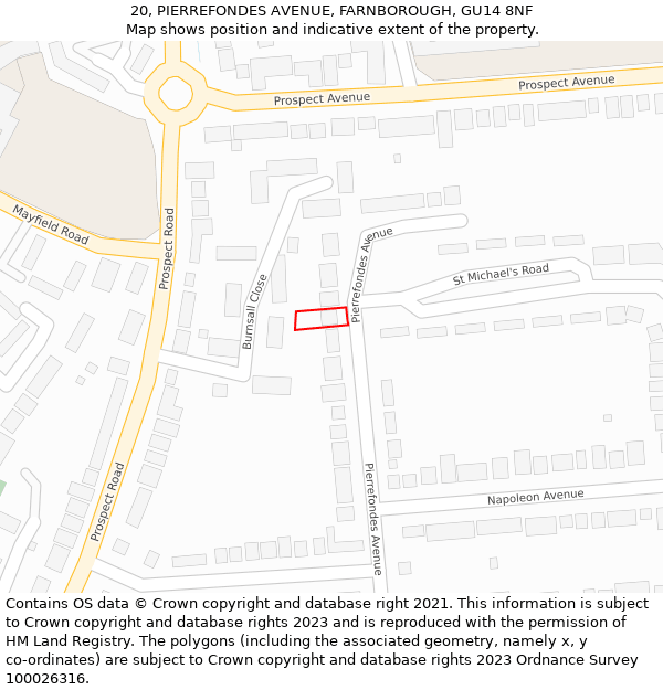 20, PIERREFONDES AVENUE, FARNBOROUGH, GU14 8NF: Location map and indicative extent of plot