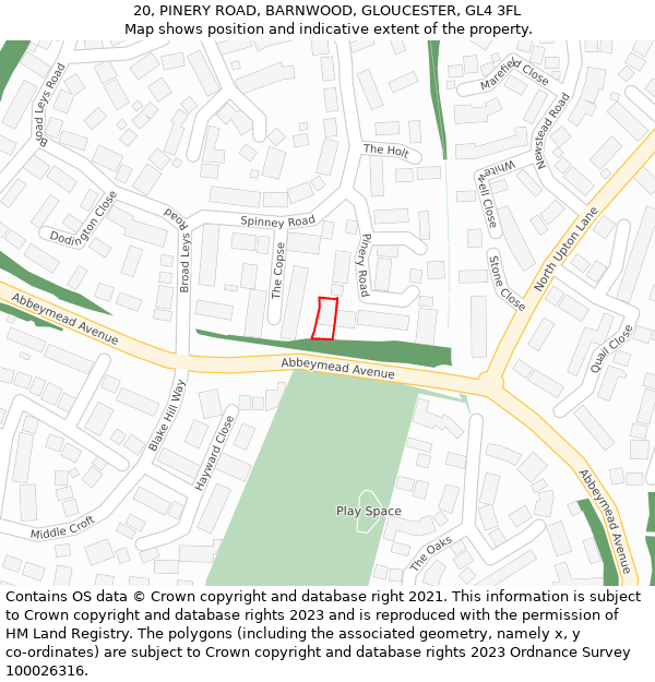 20, PINERY ROAD, BARNWOOD, GLOUCESTER, GL4 3FL: Location map and indicative extent of plot