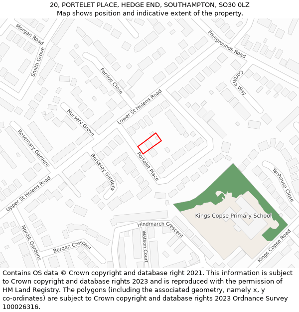 20, PORTELET PLACE, HEDGE END, SOUTHAMPTON, SO30 0LZ: Location map and indicative extent of plot