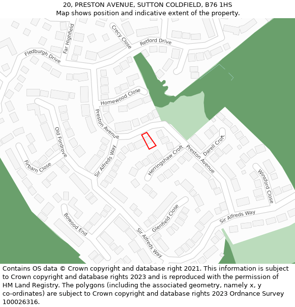 20, PRESTON AVENUE, SUTTON COLDFIELD, B76 1HS: Location map and indicative extent of plot