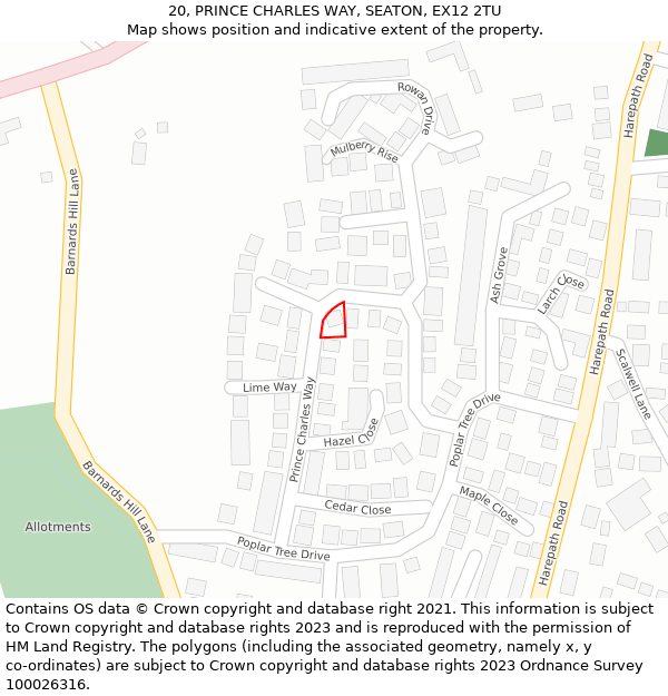 20, PRINCE CHARLES WAY, SEATON, EX12 2TU: Location map and indicative extent of plot