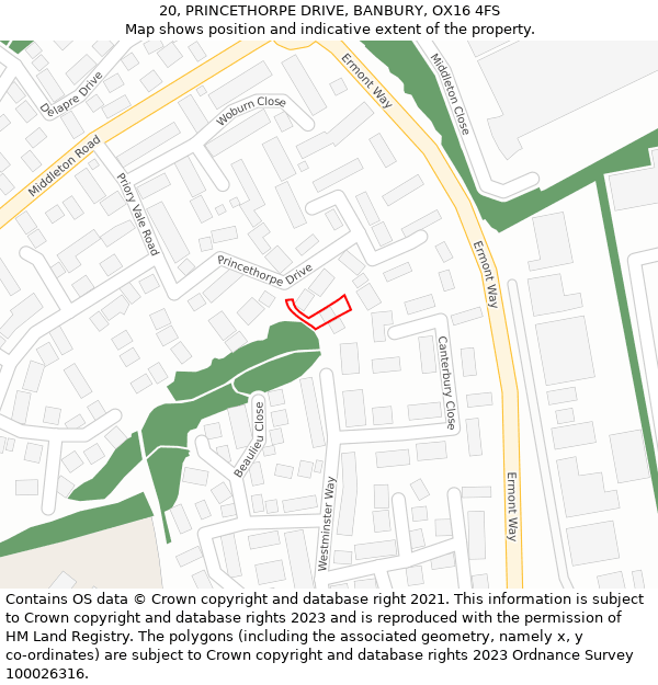 20, PRINCETHORPE DRIVE, BANBURY, OX16 4FS: Location map and indicative extent of plot