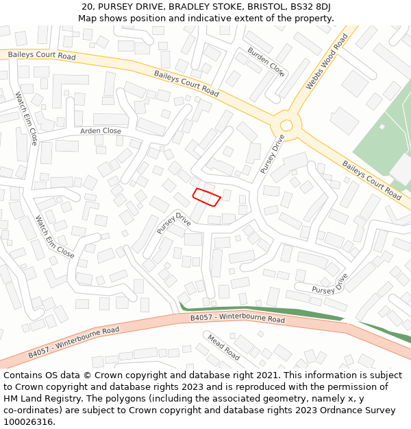 20, PURSEY DRIVE, BRADLEY STOKE, BRISTOL, BS32 8DJ: Location map and indicative extent of plot