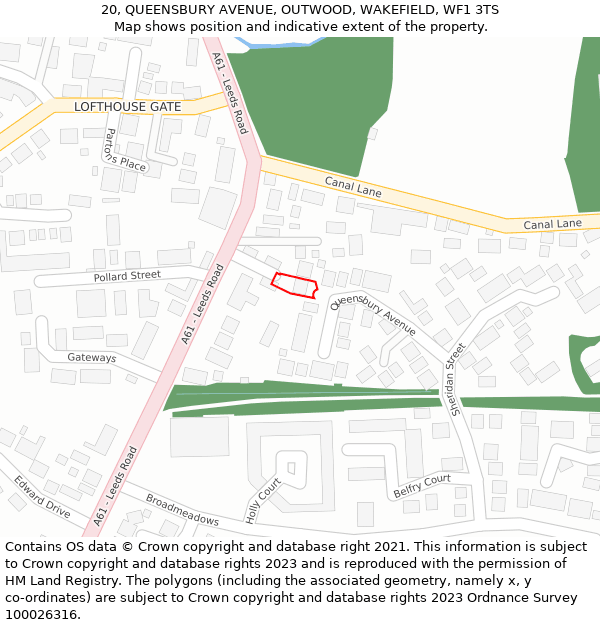 20, QUEENSBURY AVENUE, OUTWOOD, WAKEFIELD, WF1 3TS: Location map and indicative extent of plot