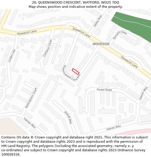 20, QUEENSWOOD CRESCENT, WATFORD, WD25 7DQ: Location map and indicative extent of plot