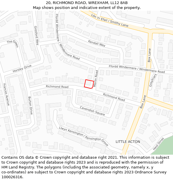 20, RICHMOND ROAD, WREXHAM, LL12 8AB: Location map and indicative extent of plot