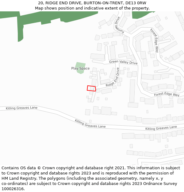 20, RIDGE END DRIVE, BURTON-ON-TRENT, DE13 0RW: Location map and indicative extent of plot