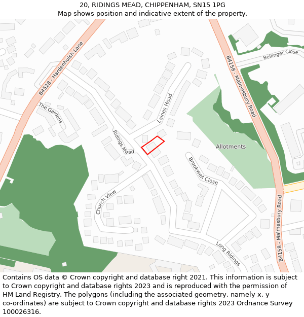 20, RIDINGS MEAD, CHIPPENHAM, SN15 1PG: Location map and indicative extent of plot