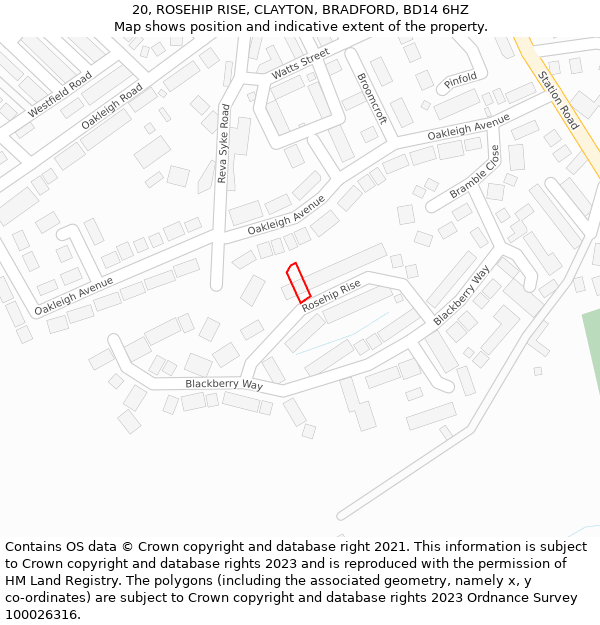 20, ROSEHIP RISE, CLAYTON, BRADFORD, BD14 6HZ: Location map and indicative extent of plot