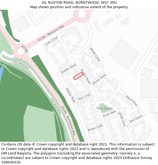 20, RUSTON ROAD, BURNTWOOD, WS7 3RU: Location map and indicative extent of plot