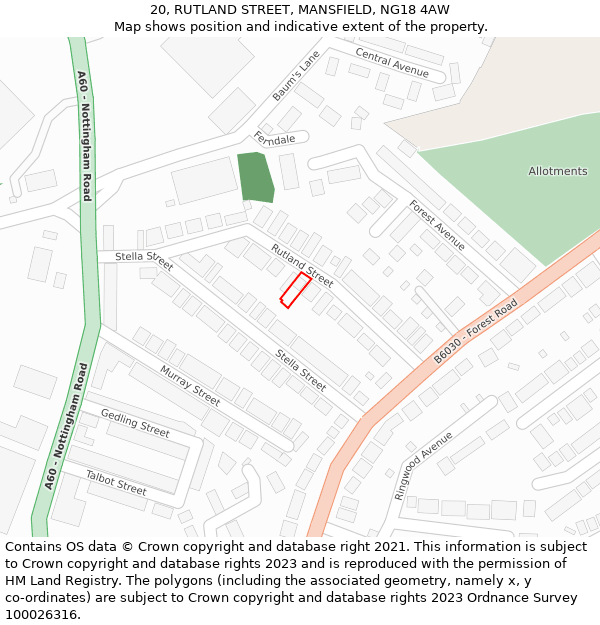 20, RUTLAND STREET, MANSFIELD, NG18 4AW: Location map and indicative extent of plot