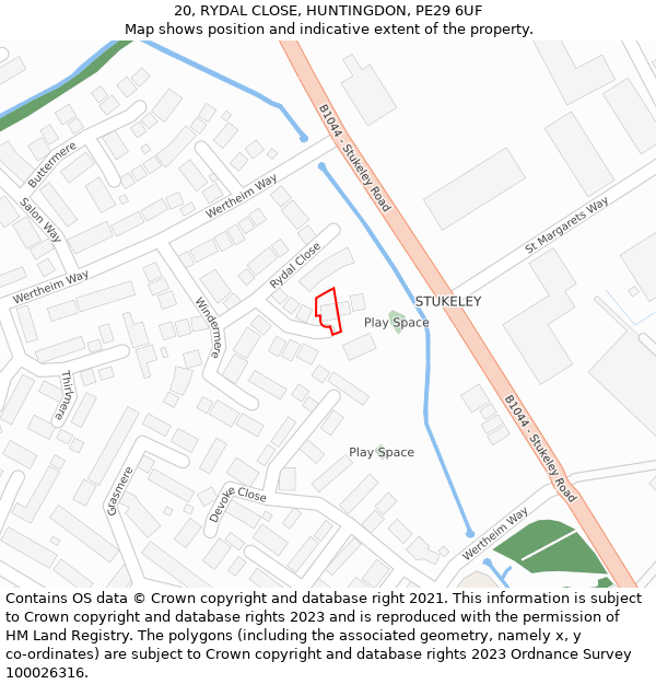 20, RYDAL CLOSE, HUNTINGDON, PE29 6UF: Location map and indicative extent of plot