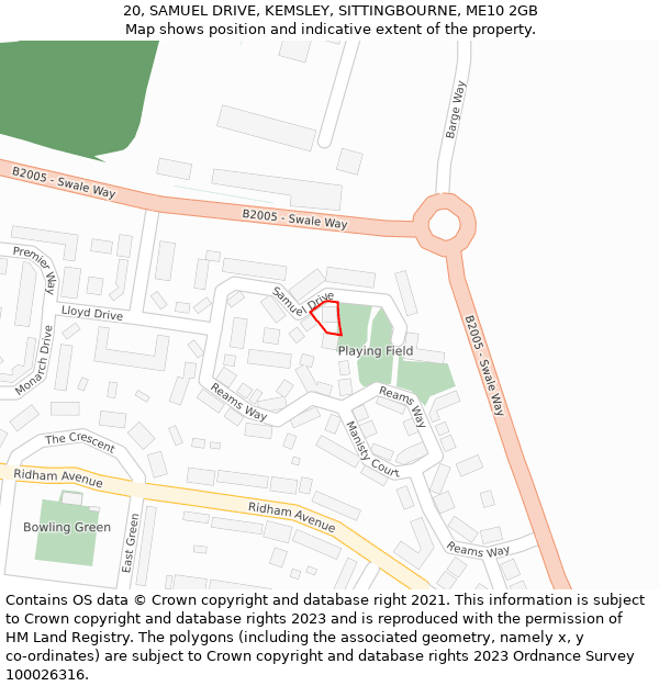 20, SAMUEL DRIVE, KEMSLEY, SITTINGBOURNE, ME10 2GB: Location map and indicative extent of plot