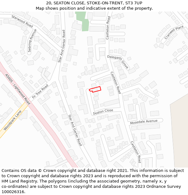 20, SEATON CLOSE, STOKE-ON-TRENT, ST3 7UP: Location map and indicative extent of plot